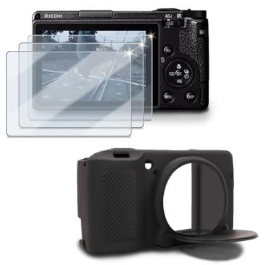 Imagem de HUADU Protetor de tela (3 + 1 pacote) compatível com câmera Ricoh GRIII/GRIIIx/GR3/GR3X, filme de vidro temperado antiarranhões de alta definição e capa de silicone macio