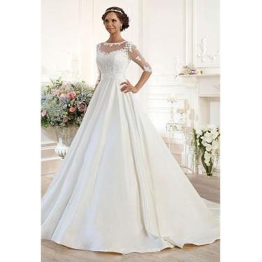 Imagem de Vestido De Noiva Peito De Renda Manga 3/4 Elegante - AUGUI Noiva, P, B