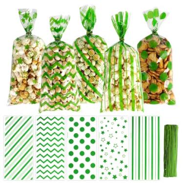 Imagem de Sacos de guloseimas de celofane verde - 100 peças, sacos de plástico para biscoitos de doces de 12 x 28 cm com laços torcidos para festas e suprimentos de lembrancinhas