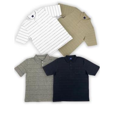 Imagem de KIT Masculino 4 Peças  - Camisa Polo Listrada Bege, Cinza e Preto e Br