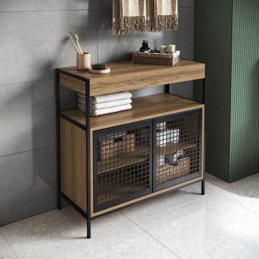 Imagem de Armário Gabinete de Banheiro 80cm Estilo Industrial com 2 Portas Preto/Mel