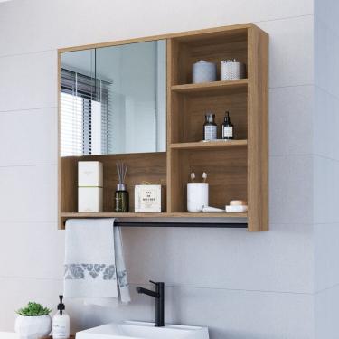 Imagem de Armário Espelheira para Banheiro 80cm com 1 Porta 4 Nichos e Toalheiro P1042 Preto/Mel