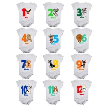 Imagem de Kit body bebê mesversario manga curta estampa cachorrinhos 12 bodies 1