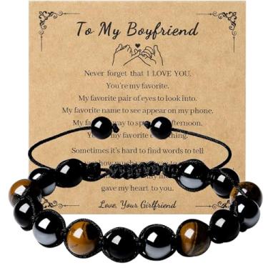 Imagem de MAIBAOTA Pulseira masculina presente para namorado/pai/filho/avô/tio/irmão/marido dia dos pais ideias de presentes de aniversário para homens ajustável 10 mm olho de tigre preto com contas obsidiana,