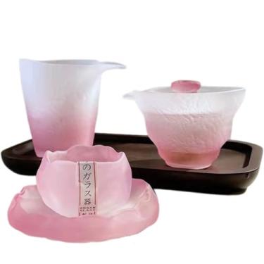 Imagem de Boxonly Conjunto de chá de vidro fosco rosa gradiente – inclui Gaiwan, copo de gongo, copo de neve e tapete de xícara – 4 peças de utensílios de chá Gongfu resistentes ao calor para casa, escritório