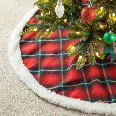 Imagem de Glitzhome Saia xadrez para árvore de Natal reversível sherpa e flanela para decoração interna para sala de estar, quarto, 122 cm D, vermelha e preta