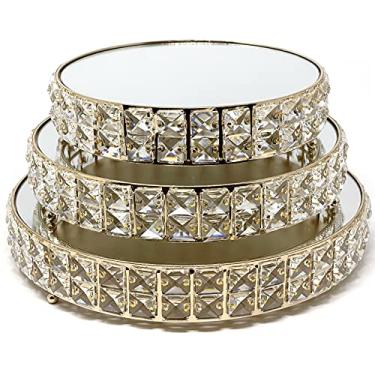 Imagem de Conjunto de 3 peças Allgala com suporte de bolo de cupcake de sobremesa banhado a ouro cristal com placa espelhada, Gold Round