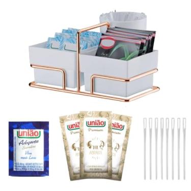 Imagem de Açucar Sache Uniao + Adoçante Sache + Porta Sache Branco Rose Gold + Mexedor Cafe