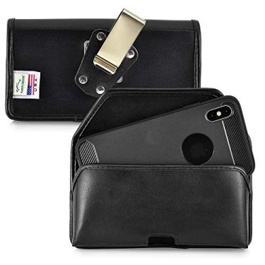Imagem de Coldre Turtleback para iPhone XS MAX bolsa preta com clipe de cinto, em couro e nylon – Feito nos EUA, Black Leather / Metal Clip Horiz