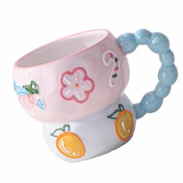 Imagem de MEAKEO Caneca de café de cerâmica com desenho animado, caneca fofa criativa pintada à mão, chá de cerâmica de café estético, 340 g/400 ml para chá, leite e aveia (azul-laranja)