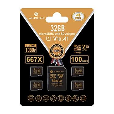 Imagem de Amplim Cartão micro SD de 32 GB, pacote com 4 adaptadores de memória MicroSD Plus, MicroSDHC Classe 10 UHS-I U1 V10 TF interruptor de alta velocidade extrema, GoPro Hero, Raspberry Pi, telefone Galaxy