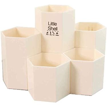Imagem de Porta-lápis de mesa hexagonal, suporte criativo de pincel de maquiagem de grande capacidade, suporte de armazenamento de caneta de plástico simples para escritório, sala de aula, papelaria (branco)