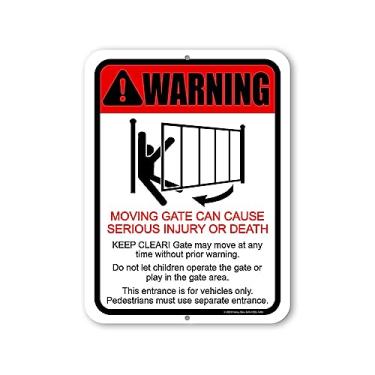 Imagem de Honey Dew Gifts, O portão de mudança de aviso pode causar ferimentos graves ou morte, 23 cm por 30 cm, feito nos EUA, decoração de quintal de metal, placas de portão, placas de aviso de propriedade