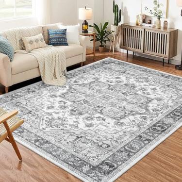 Imagem de GarveeHome Tapete lavável para sala de estar, tapete vintage ultrafino 22 x 30,5 cm impresso para quarto e sala de jantar, tapete interno dobrável antiderrapante resistente a manchas, cinza claro