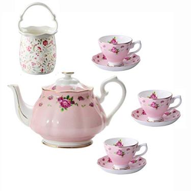 Imagem de TLTDSMY Conjunto de chá para adultos Xícaras de café e pires Bone China Conjunto de xícaras de café de rosas do velho bule de chá com suporte de colher para chá da tarde, B