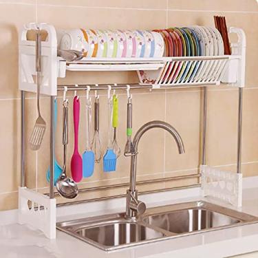 Imagem de AKALNNB Escorredor de pratos sobre a pia, escorredor de pratos grande para bancada de cozinha, prateleira organizadora de 2 níveis, prateleira de armazenamento de banheiro (prata 84 x 24,5 x 64,5 cm