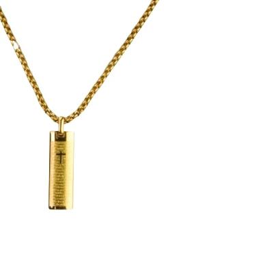 Imagem de Cordão Dourado Grosso Masculino Pingente Pai Nosso Retangular Fé Estilo Sofisticação Aço Inox Banhado Ouro Caixa Premium Exclusivo Elegante