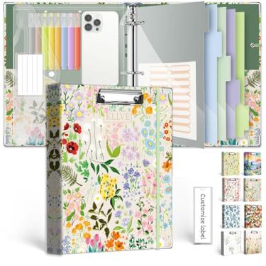 Imagem de Organizador de fichário de 3 anéis, 2,5 cm, fichários KLLVE com três anéis com prancheta, divisórias de bolsos de 5 abas, pasta de plástico, 18 divisórias stikers, laço para caneta (flores silvestres