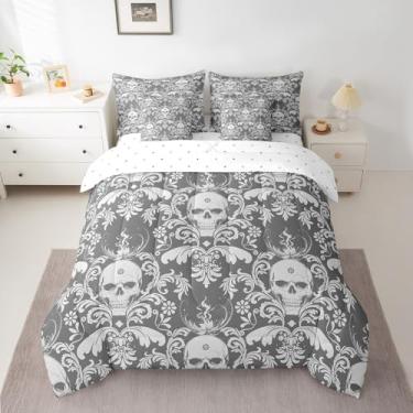 Imagem de Conjunto de cama queen damasco jacquard damasco boêmio damasco 7 peças para decoração floral de caveira de cirurgia inclui edredom, conjunto de lençóis, fronhas e fronhas, cinza