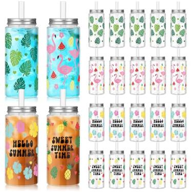 Imagem de Baderke 24 peças de copos de plástico havaiano com tampas e canudos, copo tropical luau transparente para beber folhas de palmeira flamingo, hibisco, abacaxi, artigos para festa de aniversário de