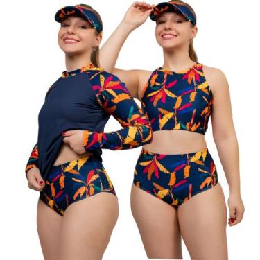 Imagem de Kit Blusa Uv + Top com Bojo + Hot Pant Praia Fitness + Brinde Viseira 