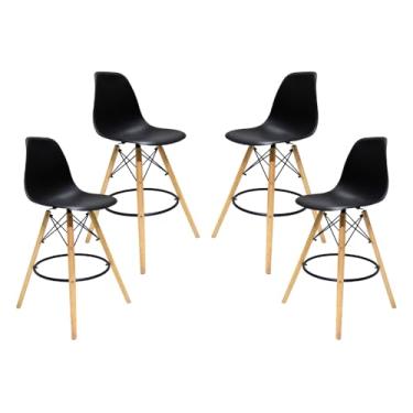 Imagem de Kit 04 Banquetas Cadeiras Alta Com Encosto Alto Para Cozinha Americana Bar Bancada Balcão Restaurante Ilha Area Gourmet Fixa Charles Eames Eiffel Base Madeira
