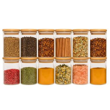 Imagem de Jogo 12 potes de vidro 250ml com tampa de bambu herméticos para temper