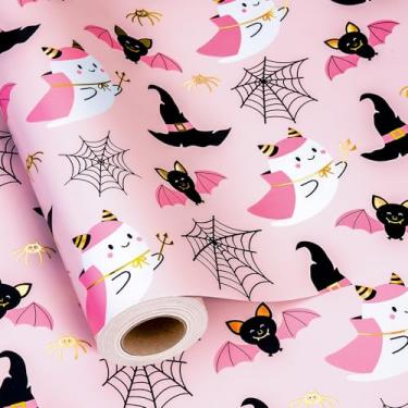 Imagem de MAYPLUSS Papel de embrulho rosa de Halloween, papel de embrulho de fantasmas fofos, fantasmas metálicos, morcego preto, tema de chapéu de bruxa de aranha para decorações de Halloween, festa (mini rolo