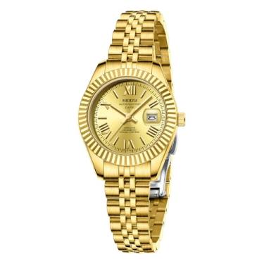 Imagem de NIBOSI Relógios femininos analógicos de quartzo à prova d'água com data, relógio de pulso delicado, moderno, de aço inoxidável, para pulsos pequenos, vestido feminino elegante, Todo dourado.