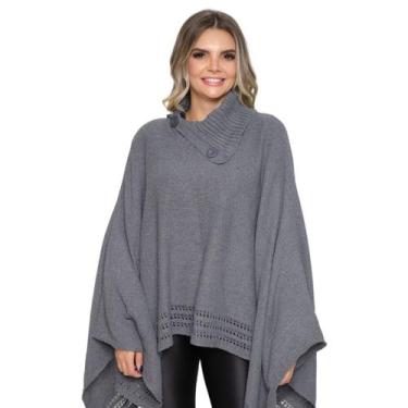 Imagem de Poncho Feminino Tricot Mousse Liso Gola Alta Casaco Lã Inverno - Rosil