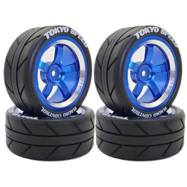 Imagem de Chanjorlin 1/10 On Road Racing Tires and 5-Spoke Aluminum Wheels 12mm Hex OD 2.56" RC Touring Tyres for 1:10 Rally Street Drift Car Tamiya TT01 TT02 XV01 A959 PTG2 KYOSHO HSP Traxxas 4PCS (Blue)