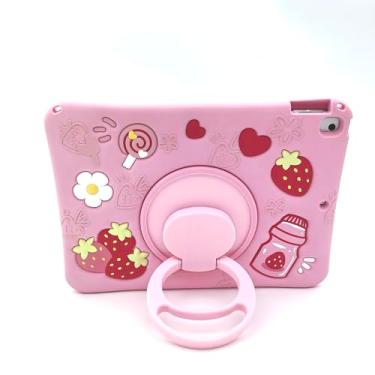 Imagem de UFAINEI Capa para Galaxy Tab A9+ Plus para meninas, fofa, desenho Kawaii, 3D, morango, capa de silicone para tablet Samsung A9+ 11 polegadas com suporte e alça giratória, rosa
