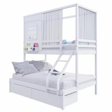 Imagem de Beliche Casinha Reta Casal Solteiro 2 Gavetas Cortina Branco - Housin