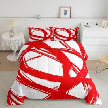 Imagem de Jogo de cama King listrado vermelho e branco para crianças, adolescentes e adultos, geométrico, listrado, geométrico, para minimalistas, grafite e linhas estéticas, edredom boêmio, arte moderna
