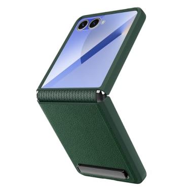 Imagem de POYUFRG Capa fina para Samsung Galaxy Z Flip 7, capa de couro com proteção de dobradiça de tela de vidro temperado com suporte invisível, capa com tudo incluído, verde, Z Flip 7