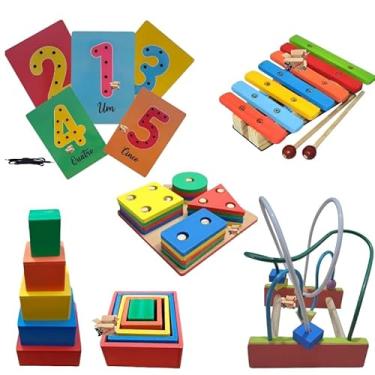 Imagem de Kit Brinquedo Pedagógico Em Madeira Xilofone + Prancha De Seleção + Aramado M + Cubo + Estojo ou Alinhavos (Kit Alinhavo Números)