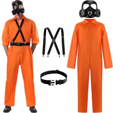 Imagem de Mepase Fantasia de Halloween laranja prisão prisão macacão com máscara de capacete para homens assustadores jogo cosplay festa roupas (G)