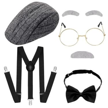 Imagem de Gvhntk Conjunto de fantasia masculina de gangsters anos 1920, acessórios de fantasia de velho, kit de fantasia de avô, chapéu de jornaleiro, Preto, standard