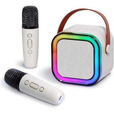 Imagem de Mini Karaoke Portátil Bluetooth Com 2 Microfones Sem Fio Caixa de Som, Luzes LED, Efeito de Vozes, Para Infantil Adultos Familiares, Ar Livre, Fogueira, Festa e Presente