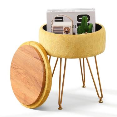 Imagem de Cpintltr Pufe De Veludo Redondo Com Apoio Para Os Pés E Espaço Armazenamento, Cadeira Penteadeira Macia, Assento Espuma Viscoelástica, Mesa Lateral Pequena, Corredor, 4 Pernas Metal Dourado, Bases A