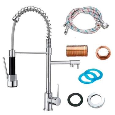 Imagem de Torneira para Cozinha Gourmet Luxo Aço Inox Dupla de Mesa Com Monocomando Misturador Agua Quente e Fria Mola - Cromada