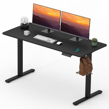 Imagem de FitStand Mesa de pé ajustável com predefinição de memória, mesa de pé 139 x 61 cm mesa elétrica de pé mesa de escritório em casa mesa de trabalho computador mesa de suporte para sentar, mesa de suporte para sentar, parte superior preta + moldura preta