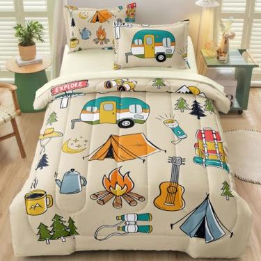 Imagem de SIRDO Conjunto de edredom com 5 peças, tamanho solteiro, para decoração de quarto de crianças, adolescentes, meninos e meninas, acessórios para trailers de viagem, cama temática em uma bolsa