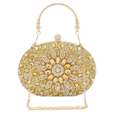 Imagem de SH Bolsas de mão femininas formais com strass para noite bolsas brilhantes festa de casamento coquetel formatura, Clutch dourada, 8.3" L x 5.1" H x 2" W