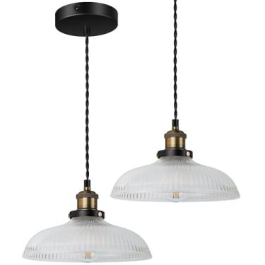 Imagem de LIGHTINN Luminárias pendentes vintage de bronze escovado com sombra de vidro de semente listrada grossa, luzes suspensas para cozinha, ilha, corredor, sala de jantar E26, sem lâmpada, pacote com 2