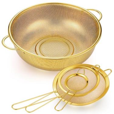 Imagem de Baderke 1 escorredor dourado de aço inoxidável de 5 litros e 3 peças de filtro de malha fina com alças acessórios de cozinha dourados para drenagem de cozinha, enxaguar, servir alimentos, macarrão