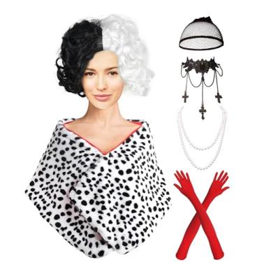 Imagem de Feliardin Peruca feminina de fantasia de diabo xaile dálmata adulto preto e branco cosplay para festa de Halloween, Conjuntos de peruca B-parte média, tamanho �nico