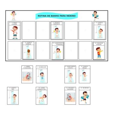 Imagem de Quadro Visual de Rotina do Banho para Meninos, 14 Etapas Ilustradas, com Cards Pedagógicos Infantil, Material Educativo