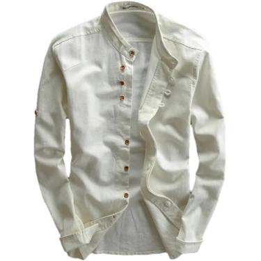 Imagem de Camisa De Linho De Algodão Masculina Formal Estilo Chinês Retrô Manga Comprida Gola Mandarim Camisa Casual Roupas De Conforto Macio, White, S
