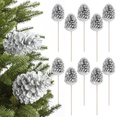 Imagem de Halloscume 10 peças grandes de decorações de pinhas de Natal palhetas florais de pinha natural de 28 cm com glitter para guirlanda, enfeite de guirlanda, árvore de Natal, arranjos florais (prata)